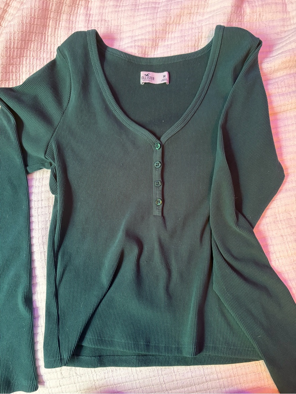 Hollister Forest Green Ribbed Henley Long Sleeve